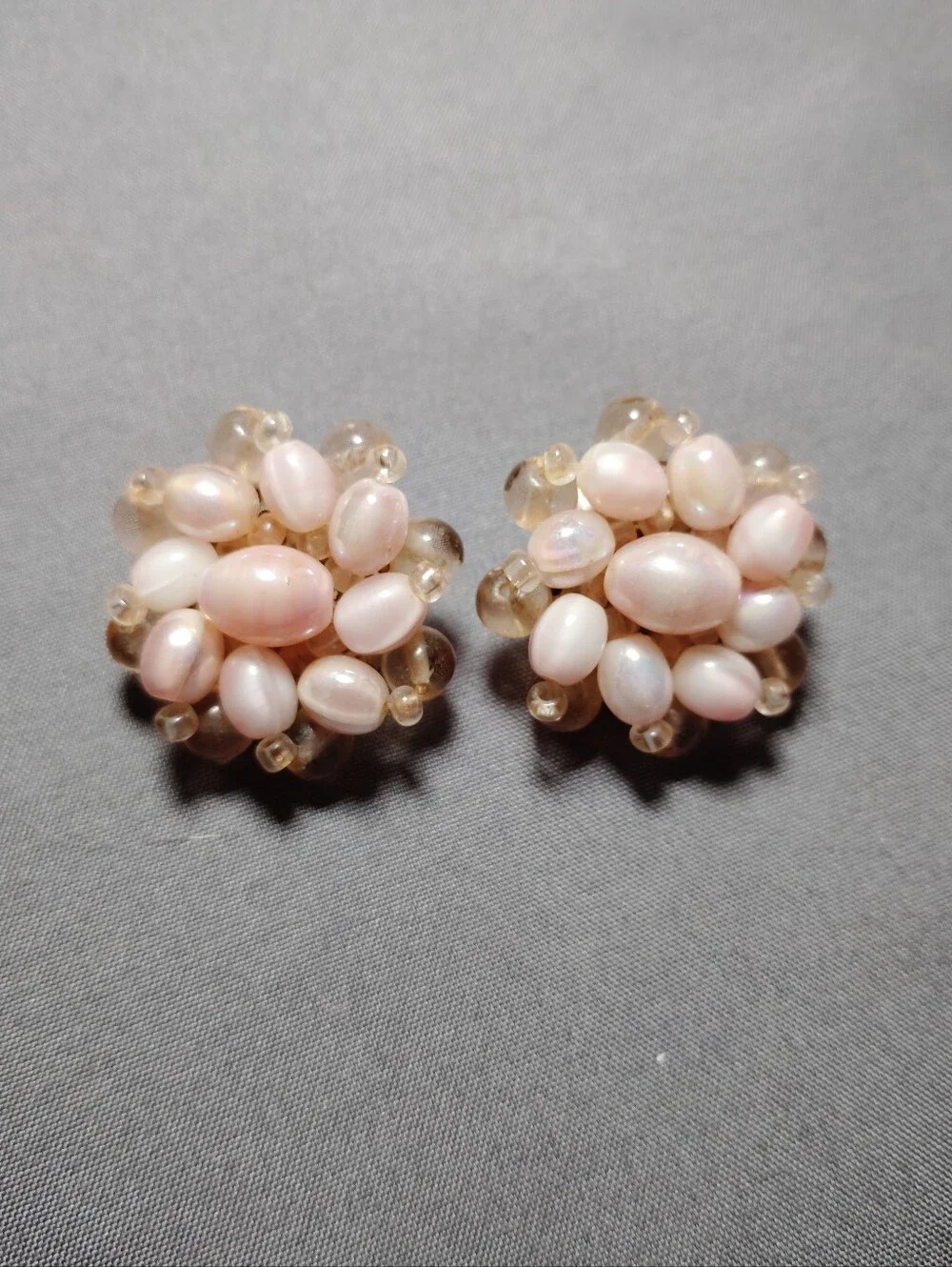 Pink Beaded Cluster Stud Earrings - Signed West.Germany